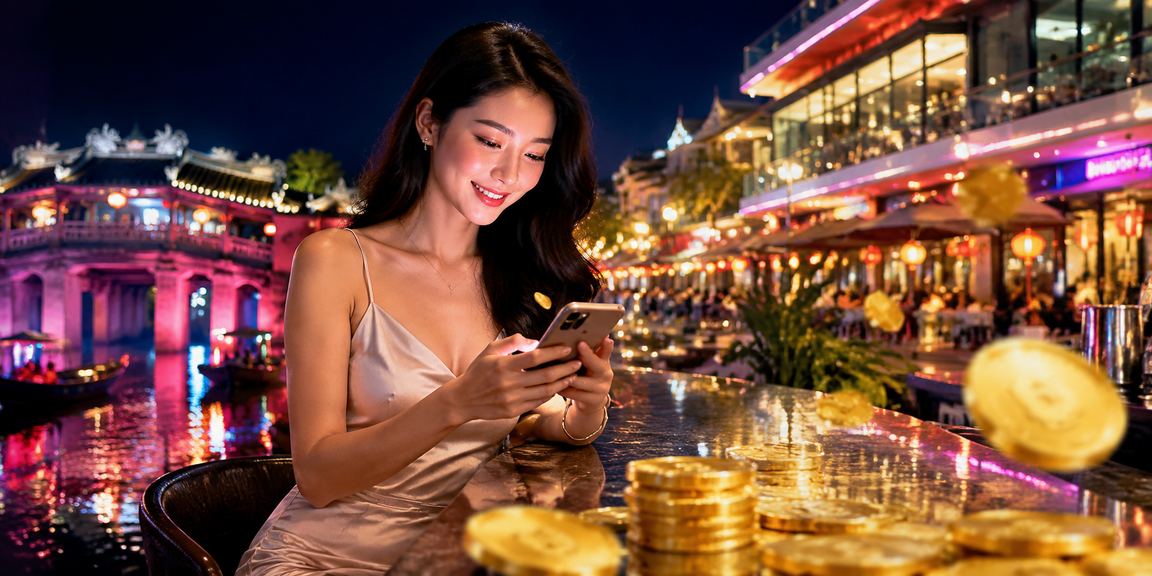Người chơi tại chợ đêm Hội An thưởng thức slot game trực tuyến trên điện thoại di động